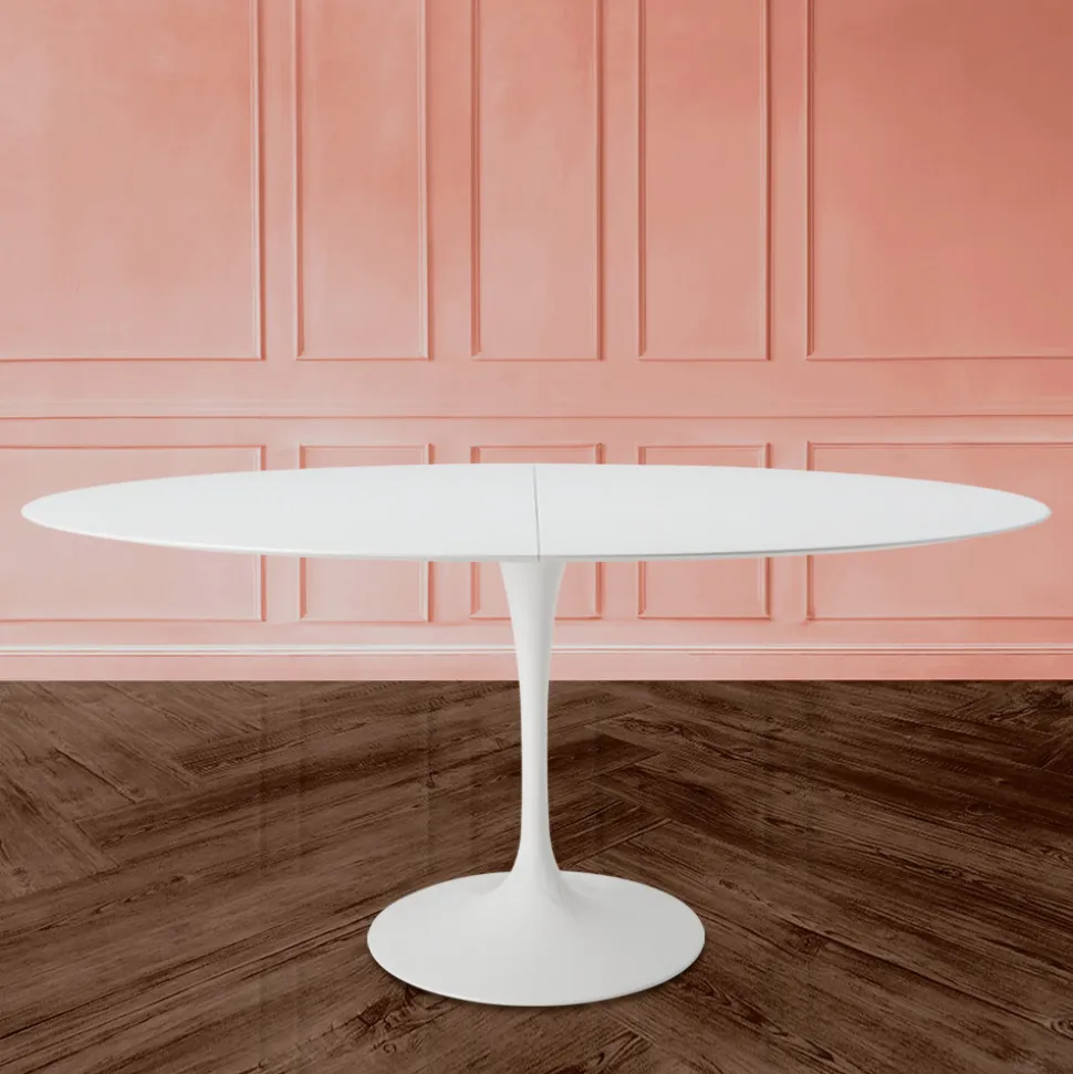 Tavolo Tulip Eero Saarinen H 74 Ovale Allungabile in Laminato Liquido Bianco - Scarlet