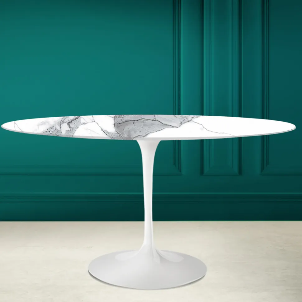 Tavolo Tulip Eero Saarinen H 74 Ovale in Ceramica Statuario Altissimo Made in Italy - Scarlet