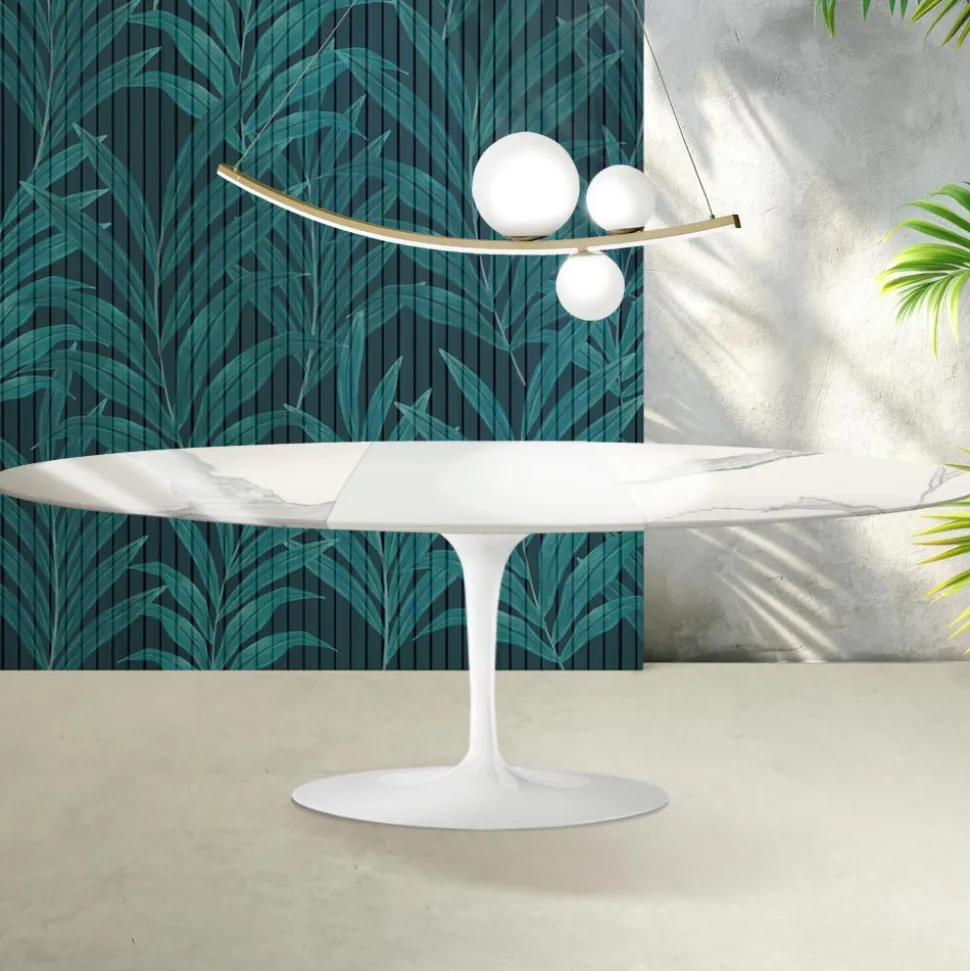 Tavolo Tulip Saarinen H 74 cm Allungabile in Ceramica Florim Statuario Lucido - Scarlet