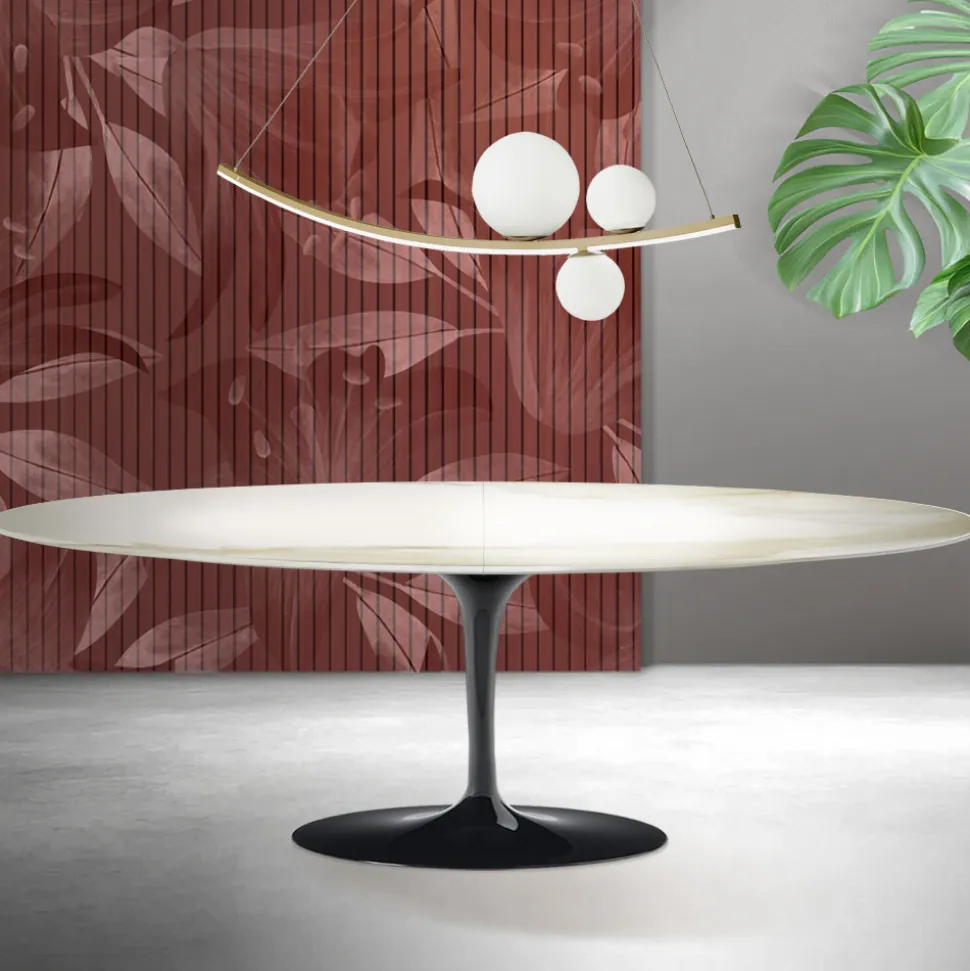 Tavolo Tulip Saarinen H 74 cm Allungabile in Ceramica Florim Calacatta Gold Opaco - Scarlet