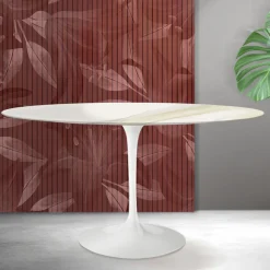 Tavolo Tulip Saarinen H 74 cm Rotondo in Ceramica Florim Calacatta Gold Opaco - Scarlet