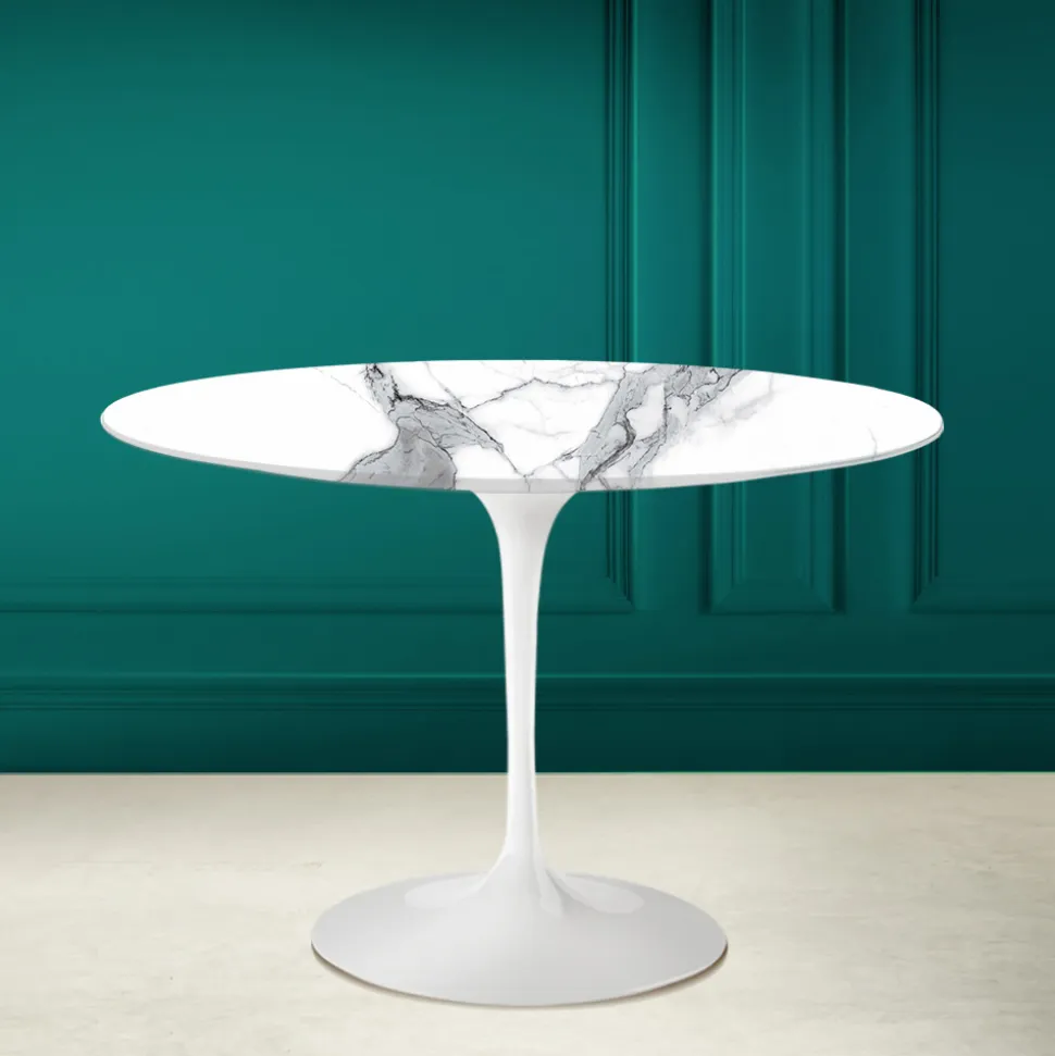 Tavolo Tulip Saarinen H 73 Rotondo in Ceramica Statuario Altissimo Made in Italy - Scarlet
