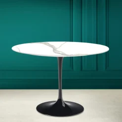 Tavolo Tulip Saarinen H 73 Rotondo in Ceramica Calacatta Michelangelo - Scarlet