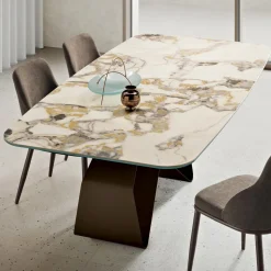 Tavolo 210x110 cm con Piano in Ceramica Effetto Marmo e Base in Metallo - Adriano