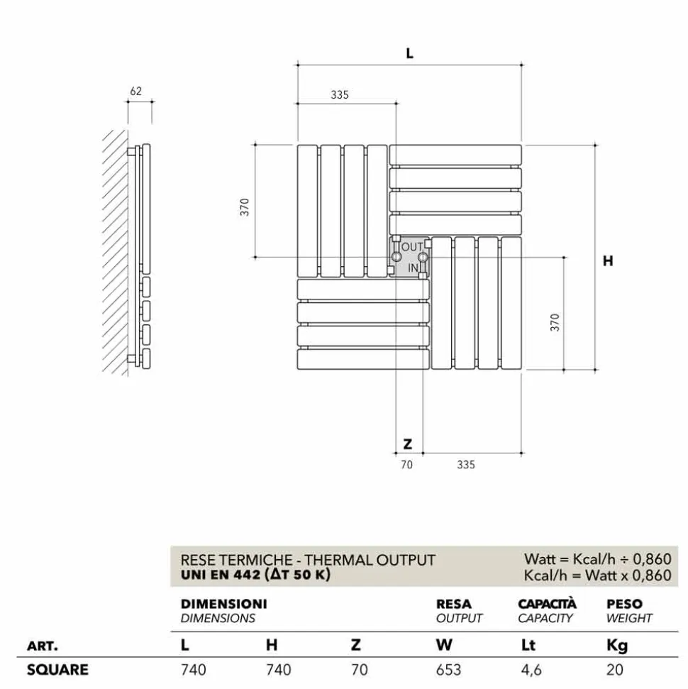 Termoarredo idraulico quadrato design made in Italy Square Scirocco H