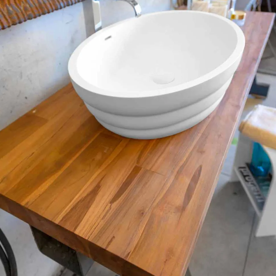 Top appoggio lavabo sospeso da bagno in teak listellare Norcia