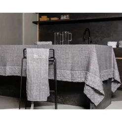 Tovaglia in Lino Antracite e Bordo con Decoro Geometrico, Artigianale - Dippel