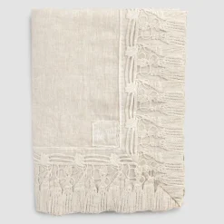Tovaglia in Lino Beige Rettangolare con Cornice Pizzo Nappine di Lusso - Zippel