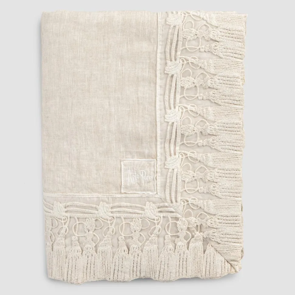 Tovaglia in Lino Beige Rettangolare con Cornice Pizzo Nappine di Lusso - Zippel