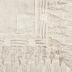 Tovaglia in Lino Beige Rettangolare con Cornice Pizzo Nappine di Lusso - Zippel