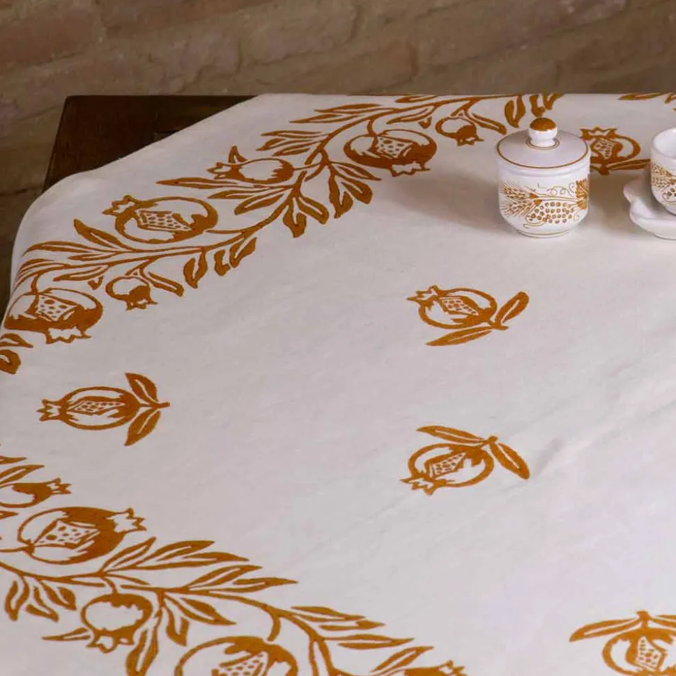 Tovaglia in Lino d’Alto Artigianato con Disegno Stampato a Mano d’Arte Italiana