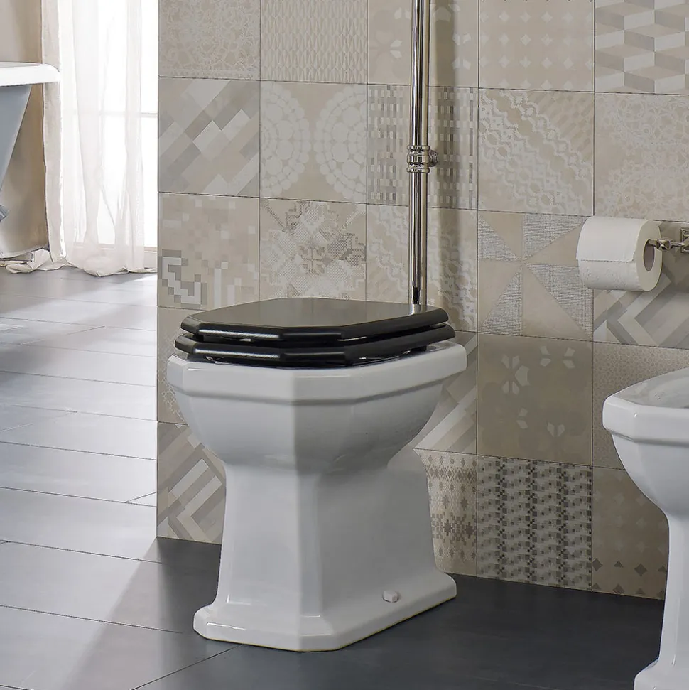 Vaso WC da Terra in Ceramica Bianca Sedile Nero Vintage Made in Italy - Nausica