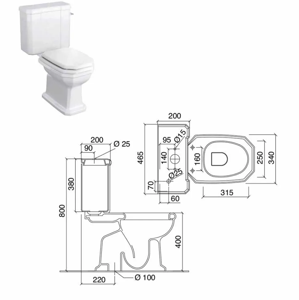 Vaso WC Monoblocco in Ceramica Bianca Vintage, Made in Italy - Nausica