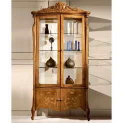 Vetrina Classica in Legno Noce Intarsiato 4 Ante Made in Italy - Commodo