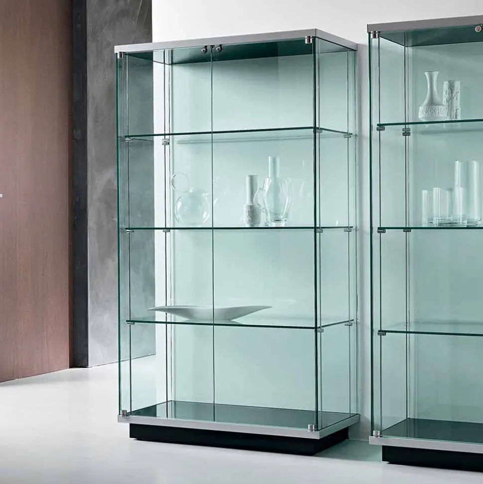 Vetrina Credenza a Parete in Vetro Trasparente 2 Ante con Serratura - Antonia