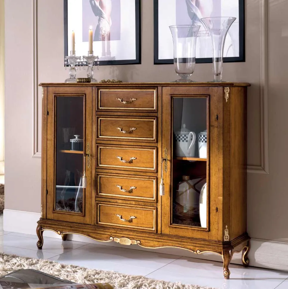 Vetrina Soggiorno in Legno con 2 Ante e 5 Cassetti Made in Italy - Richard