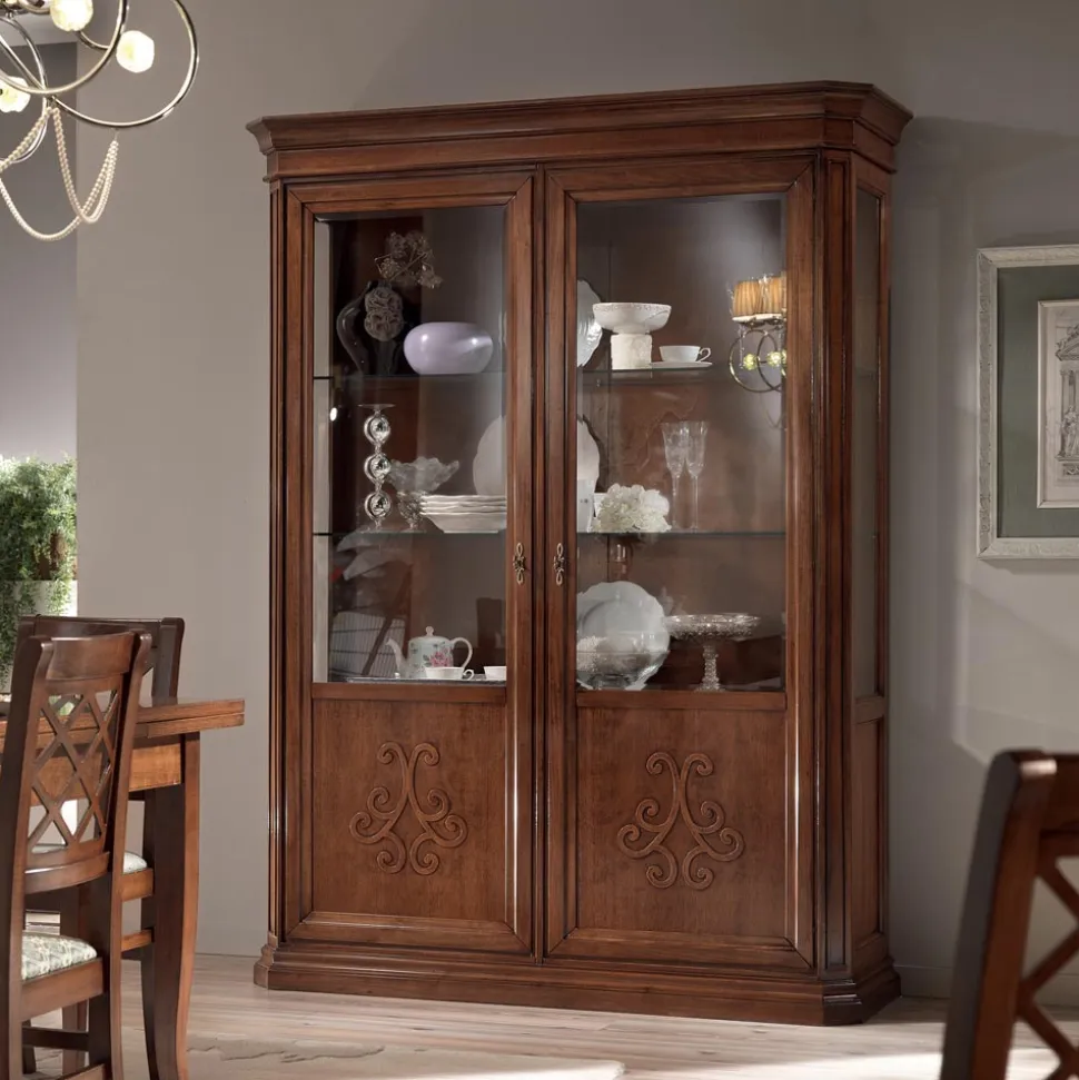 Vetrinetta in Legno Finitura Noce Patinato con Decoro Giglio Made in Italy - Donn