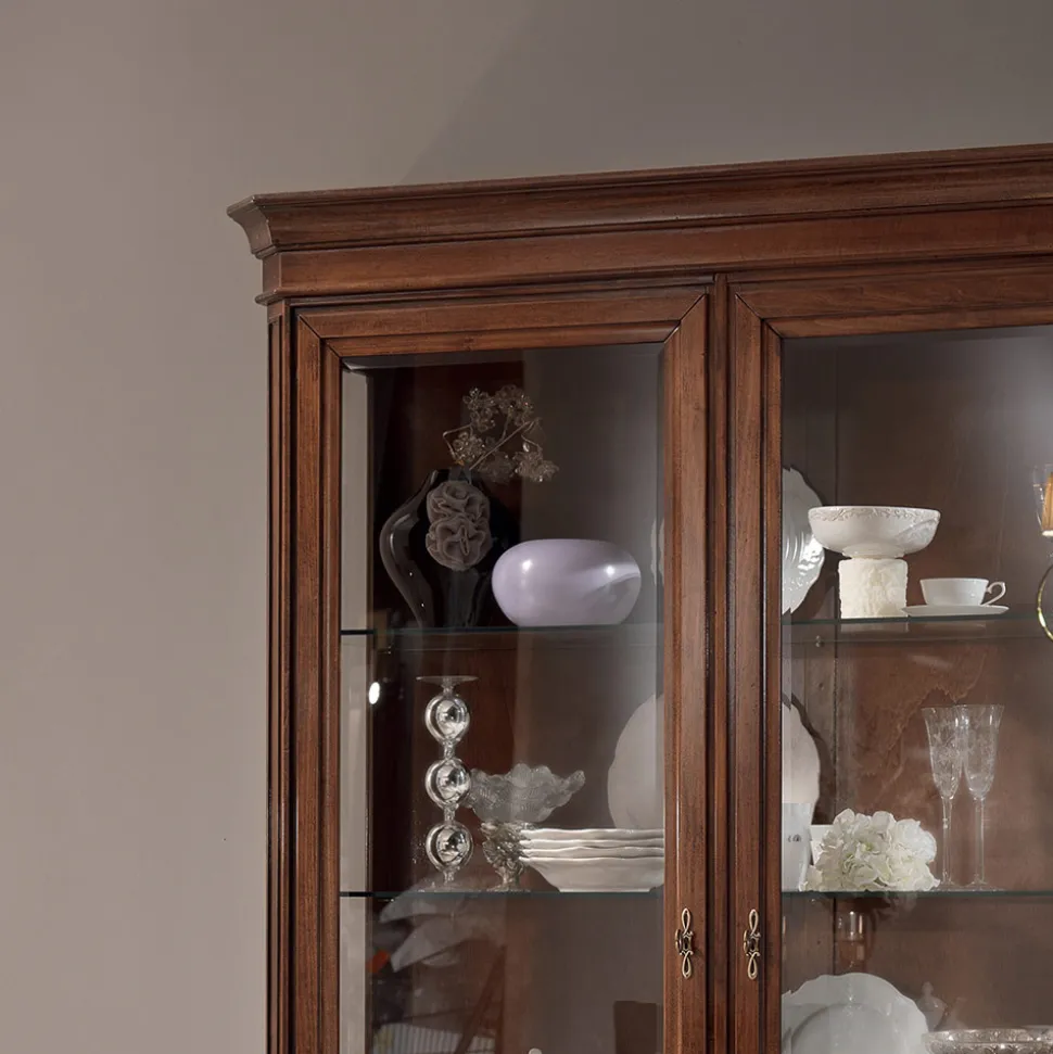 Vetrinetta in Legno Finitura Noce Patinato con Decoro Giglio Made in Italy - Donn