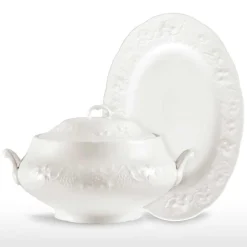 Zuppiera Grande e Vassoio in Porcellana Bianca Design Decorato - Gimignano
