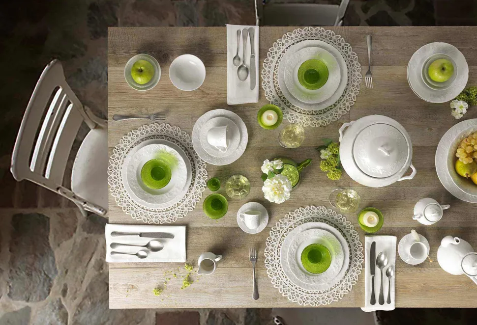 Zuppiera Grande e Vassoio in Porcellana Bianca Design Decorato - Gimignano